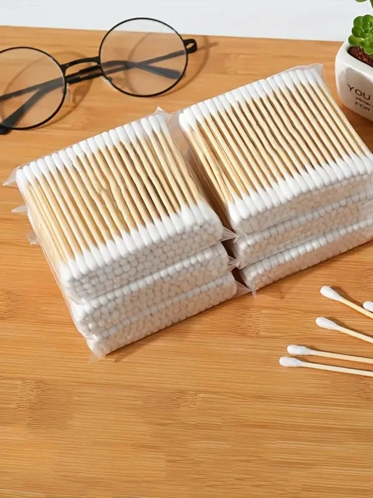 1000pcs Unscented Cotton Swabs, Double-Headed, Wooden Stick, Makeup Removal & Cleaning Ear Cotton Swabs