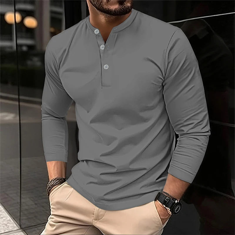 2025 Men's Summer Long Sleeve Henry Polo Casual Breathable Comfortable Polo Shirt Solid High Quality Male T-Shirt Dropshipping Viralgem Store