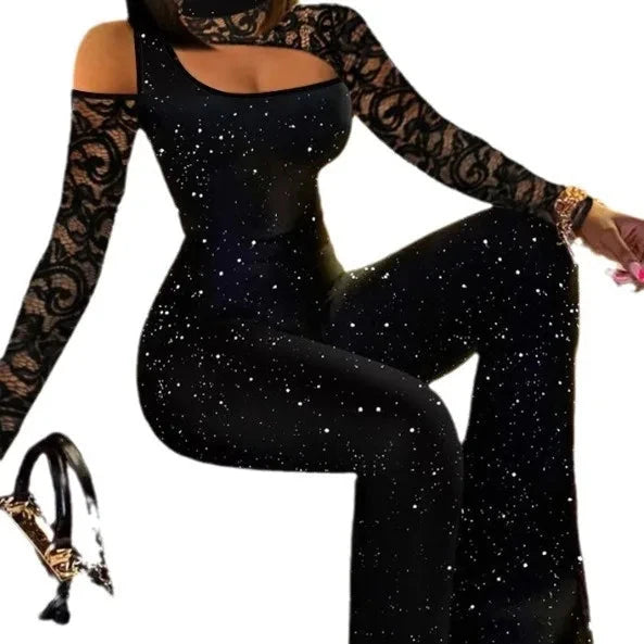 Women New Fashion Bodycon Jumpsuit Women Autumn Casual Sexy Slim Long Sleeve Glitter Lace Patch Flared Leg Jumpsuit Viralgem Store