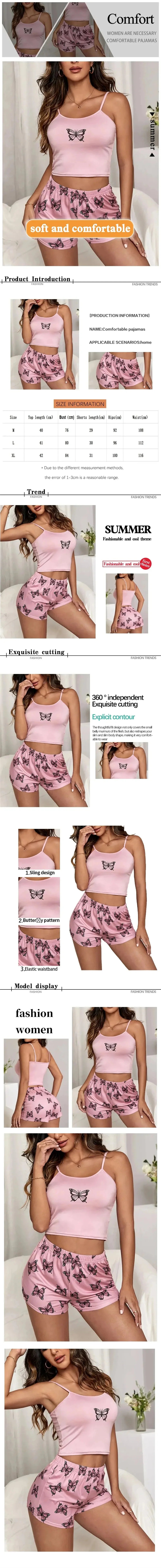 Two Piece Women's Suspender Printed Butterfly Round Neck Camouflage Top Paired with Shorts Women's Casual Pajama Set
