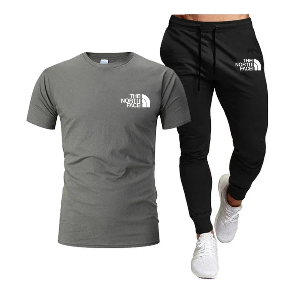 Summer 2025 Men Tops 100% Fashion Cotton Short Sleeve Long Sweatpants Streetwear 2 Piece Sets Men Clothing