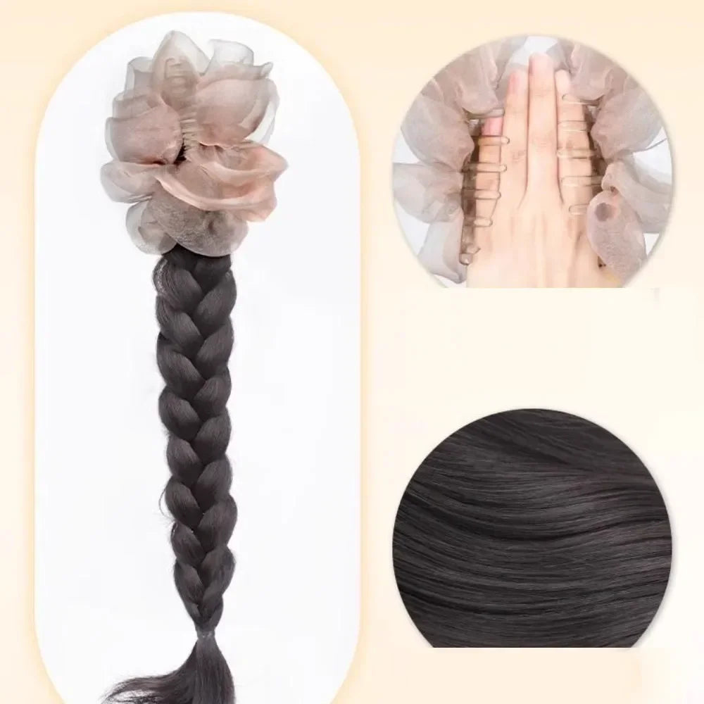 Synthetic Fashion Female Simulated Ponytail Braid Wig Bowknot Mesh Clip Natural Fluffy Fried Dough Twists Braid Viralgem Store