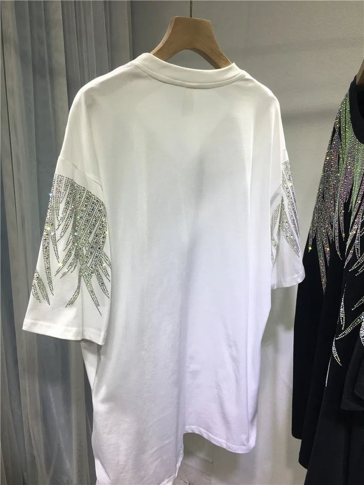 Women Tops Sequin Print Tees Round Neck Half Sleeve Loose Casual Regular Splice T Shirts Simple Hot Drilling Mid Length Top