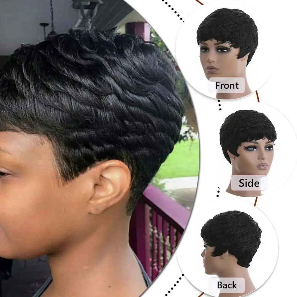 Wigs for Black Women Pixie Wigs for Black Women Pixie Cut Short Black Synthetic Wavy Layered Wigs Natural Black Wavy Wigs