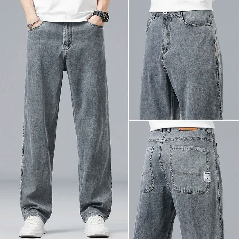 2025 New Summer Ultra-thin Lyocell Men's Jeans Drape Soft Fabric Loose Straight Casual Denim Pant Elastic Ice Silk Male Trousers