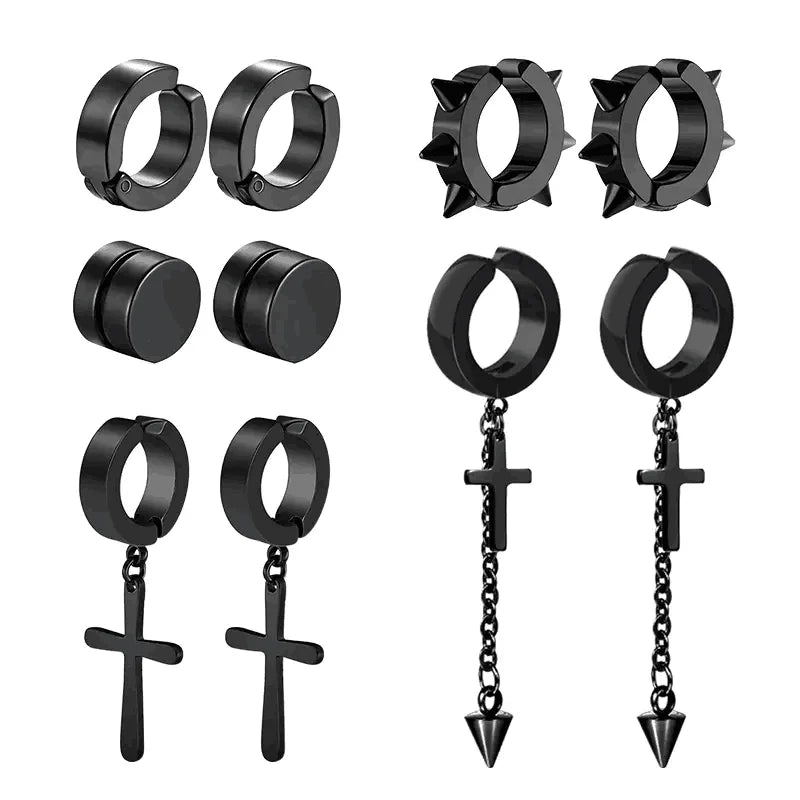 5 pairs of fashionable men's punk cross pendants stainless steel earless magnet earrings set Viralgem Store