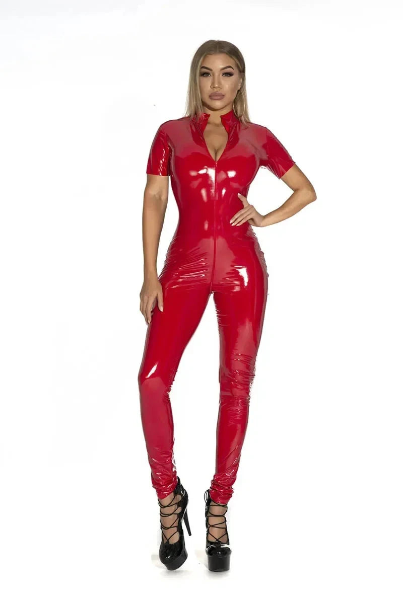 Women's Wet Look Shiny PU Faux Leather Jumpsuit Suit Long Sleeve Zipper Open Crotch Latex Bodysuit Clubwear Plus Size Viralgem Store