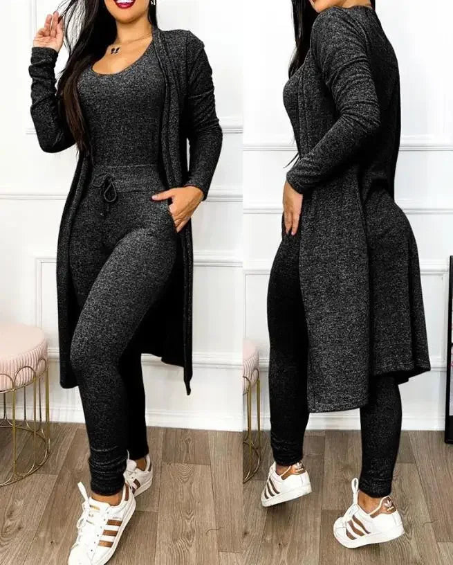 Two Piece Set Women Outfit 2025 Spring Fashion Drawstring Pocket Design U-Neck Sleeveless Skinny Jumpsuit & Long Sleeve Coat Set Viralgem Store