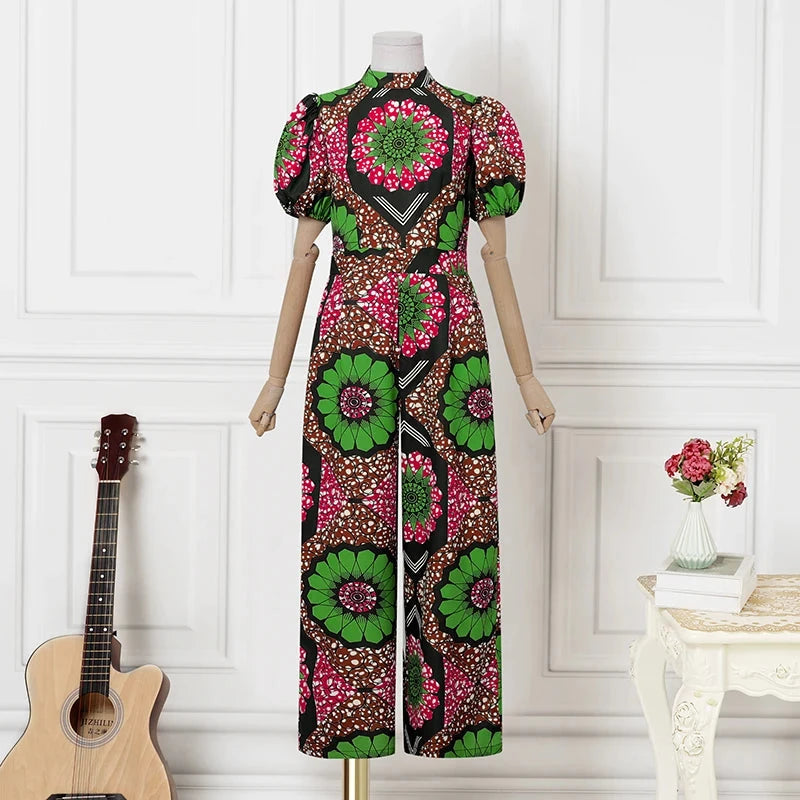 VONDA Women Jumpsuits Short Puff Sleeve Bohemian Print Playsuits 2025 Stand Collar High Waist Overalls Oversized Viralgem Store