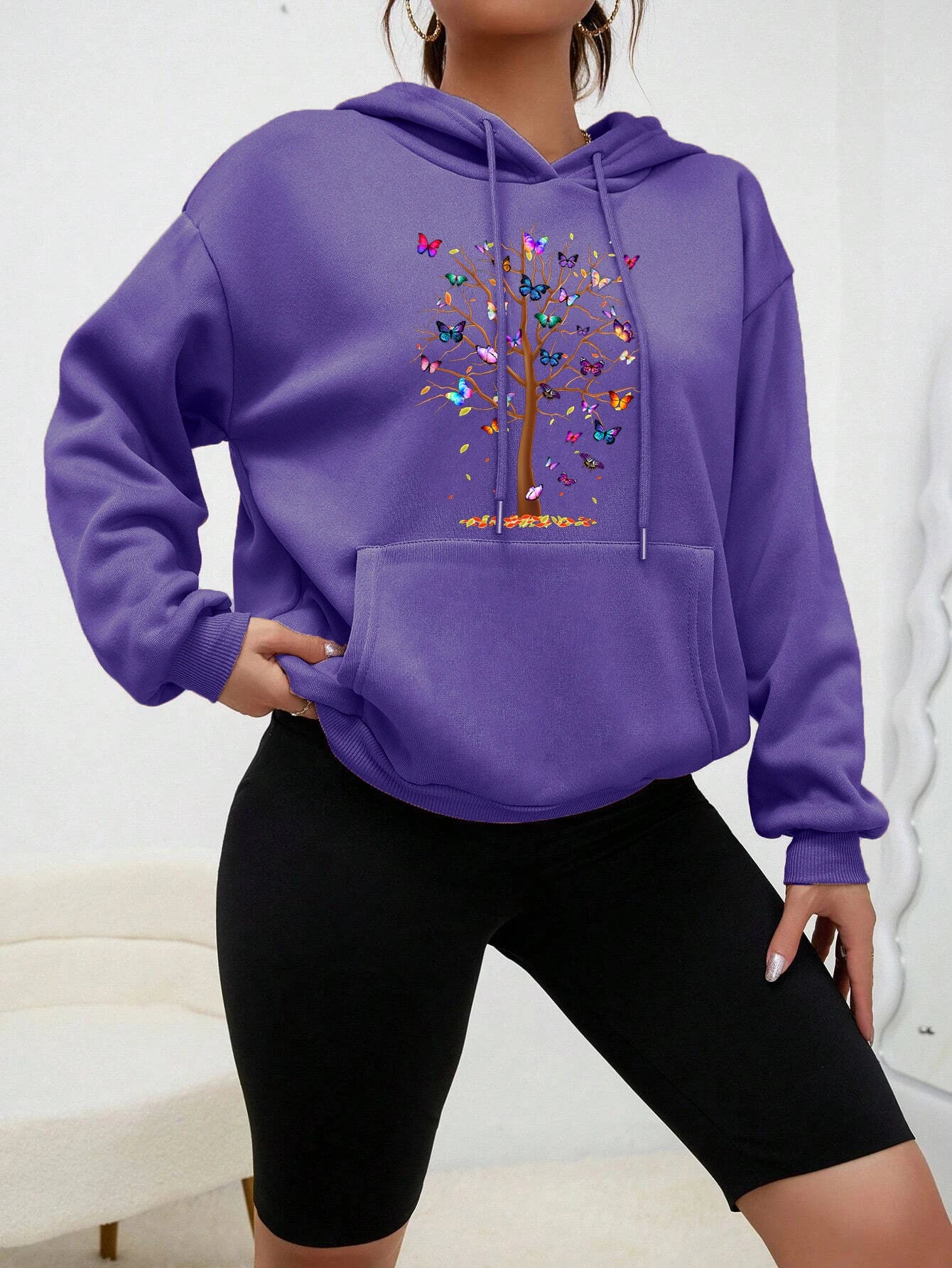 The Blooming Butterfly Tree Print Clothes Female Funny Casual Streetwear Autumn Fleece Hoodie Multicolor Sport Style Women Hoody