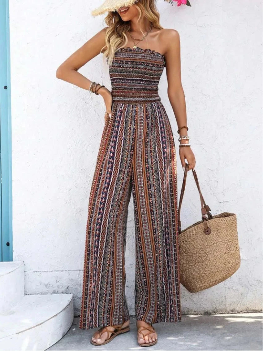 2025 spring/summer new striped printed strapless backless one-piece collar elastic waist jumpsuit for women wearing outside Viralgem Store