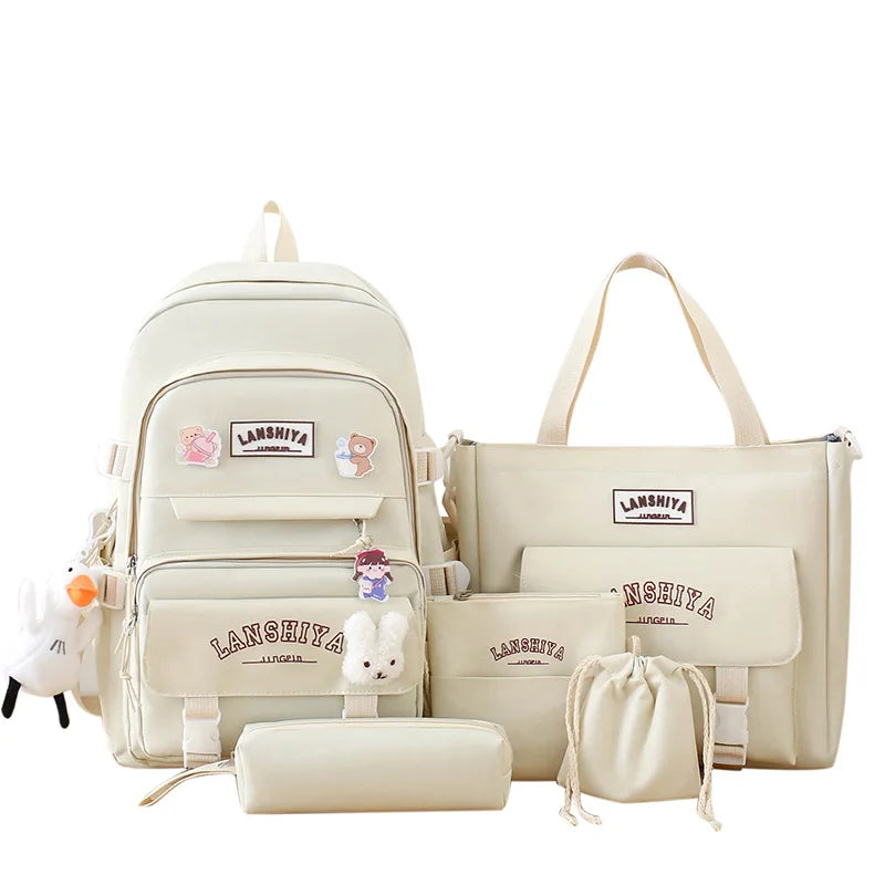 5-piece Set of Free Pendants Forest Style Korean Version Casual Harajuku Student Backpack for High School Girls Large Capacity Viralgem Store