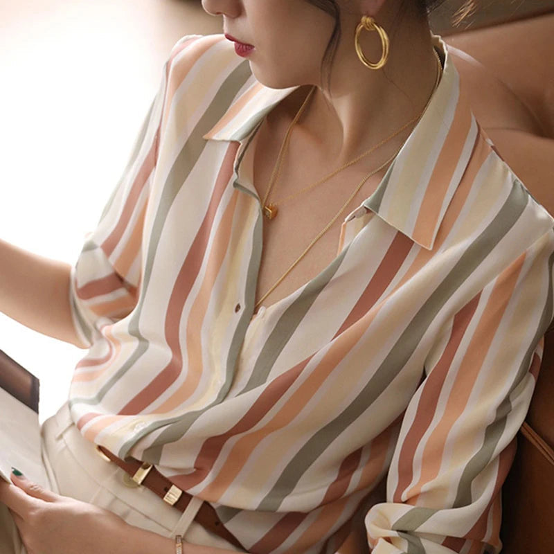 Stripe Women Shirt Satin Vintage Shirt for Women 2023 Autumn Clothes Korean Fashion Shirts and Blouses Basic Elegant Womens Tops Freshlook Styles
