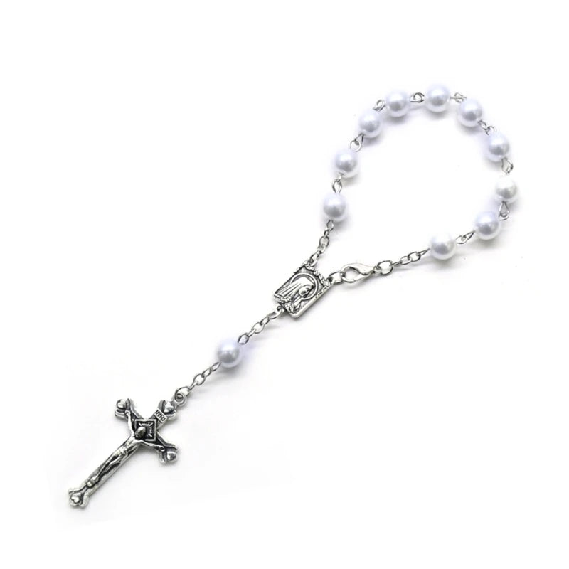 8mm Pearl Finger Rosaries Baptism Rosary Favor Small Rosary with Crosses Party Favor for Communion Baptism Wedding Party