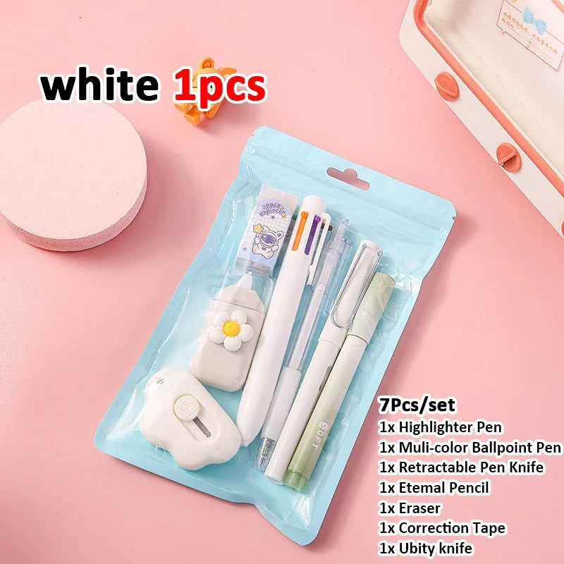 7-in-1 Stationery Set Birthday Present Back to School Gift Pencil Eraser Students Prize School Office Correction Tape Kids
