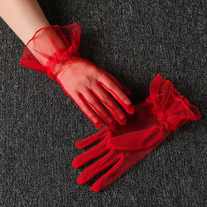 Women Short Tulle Gloves Sexy Lace Mittens Tulle Full Finger Gloves Lady Driving Glove Transparent Mittens Wedding Bridal Gloves