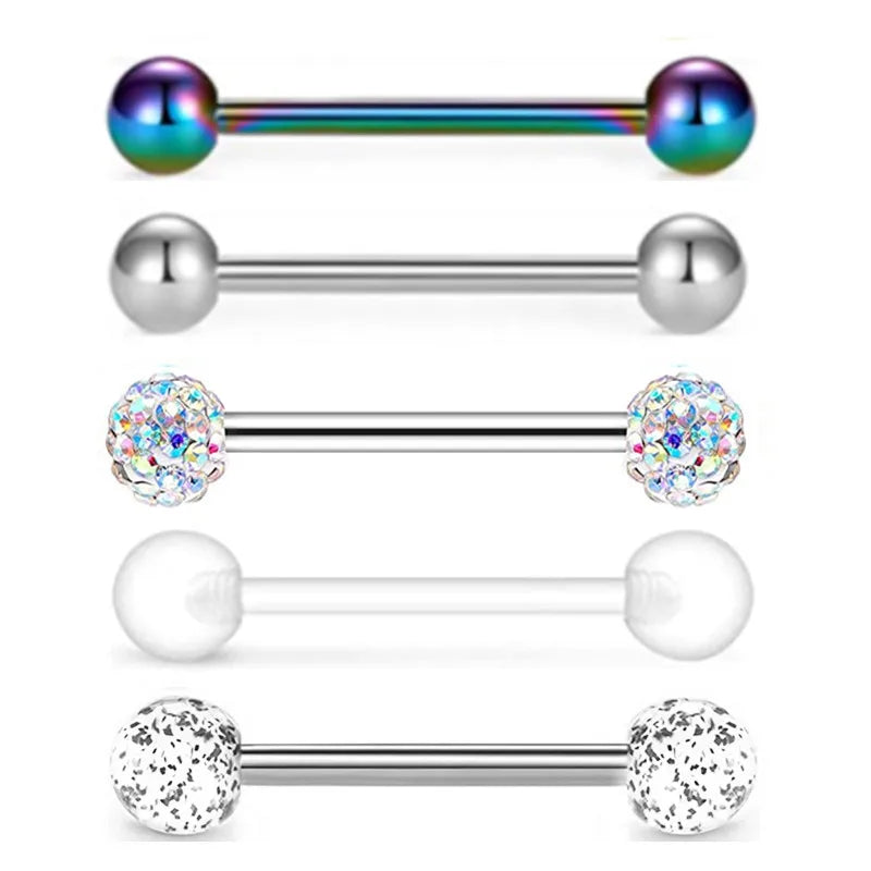 5PCS Acrylic Tongue Piercing Barbell Set Stainless Steel Glitter Tongue Rings Lot 14G Nipple Piercing Bar Bulk Piercing Langue