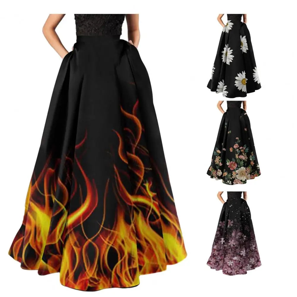 Women High-waisted Long Skirt Flower Printed Skirt for Women Elegant A-line Big Swing Zipper Bohemian Party Prom Maxi Skirt