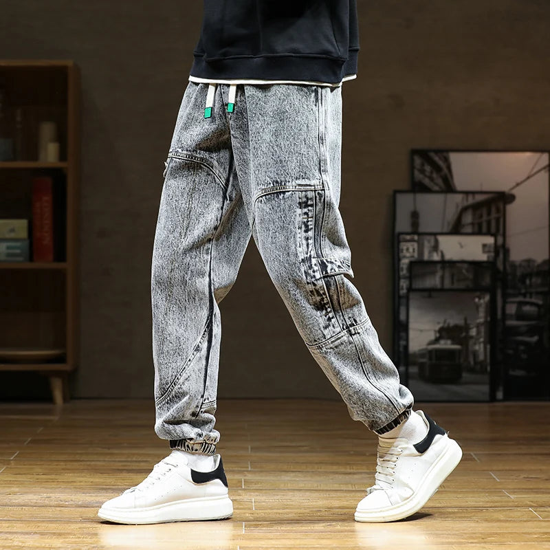 Spring Autumn Jean Men Elastic Waist Harem Hip-hop Denim Pant Male Street Fashion Big Size Loose Fit Baggy Jogger Cowboy Trouser