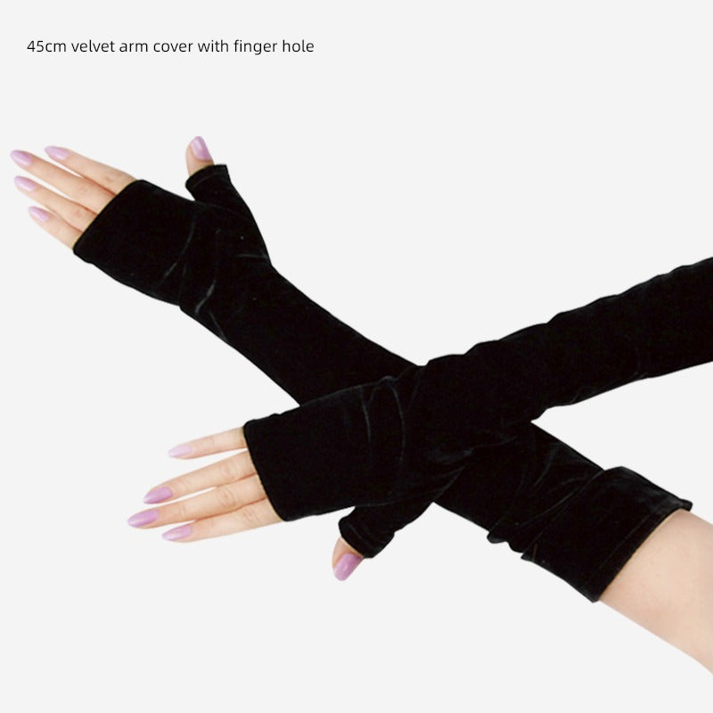 Women's Velvet Open Finger Black Oversleeve Leather Gloves