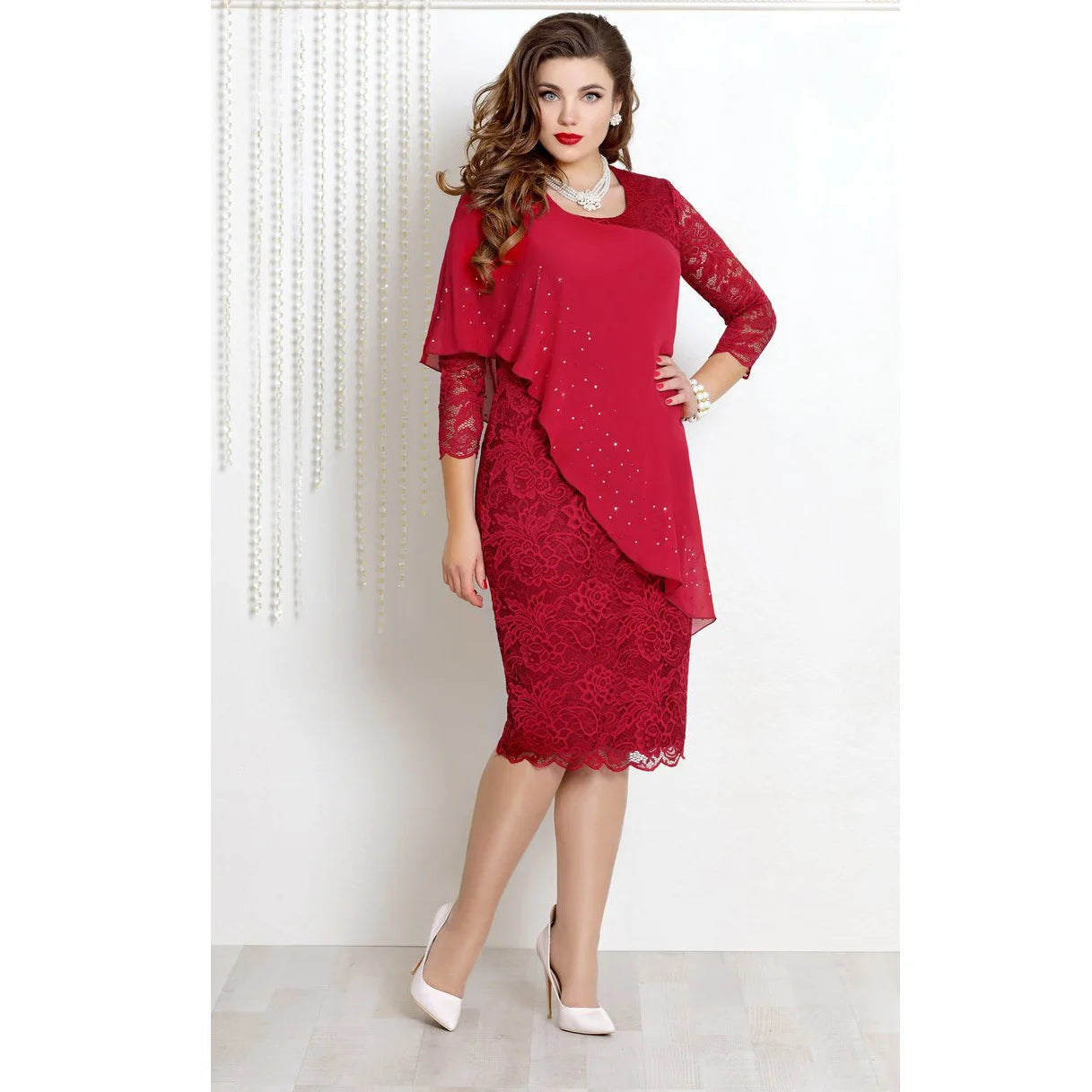 Women's Plus Size New Year Knitted Dresses 2022 Mesh Lace Long Sleeve Stitching Luxury Evening Fake Two-piece Chiffon Dress 90s