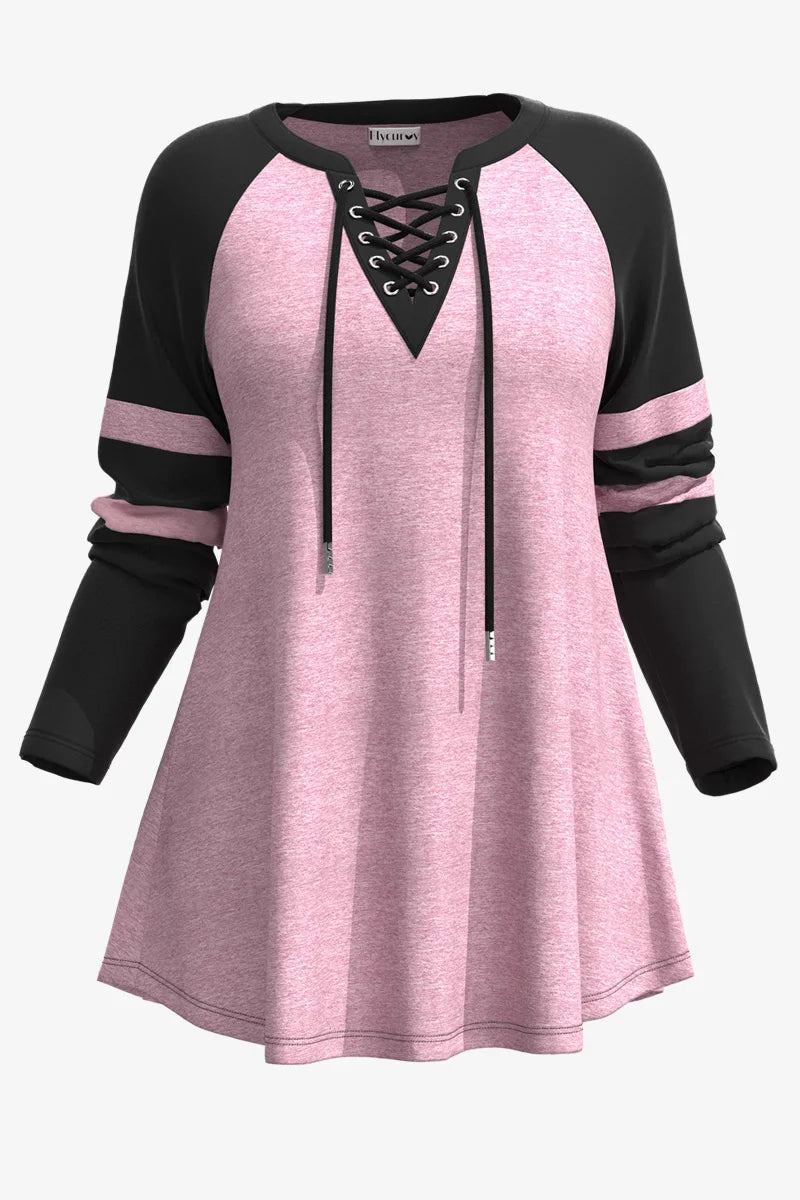 Women Long Sleeve T shirt Plus Size Casual Pink Colorblock Cross Lace-Up V Neck T shirt Loose Casual Splice Medium Stretch Tops