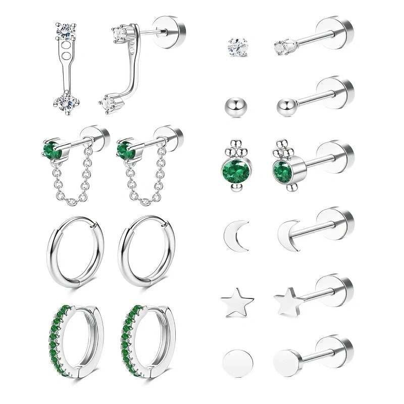 20pcs Stainless Steel Delicate Comfortable Green Gemstone Flat Back Earring Set,Hypoallergenic Small Hoop Earrings Jewelry Gifts Viralgem Store