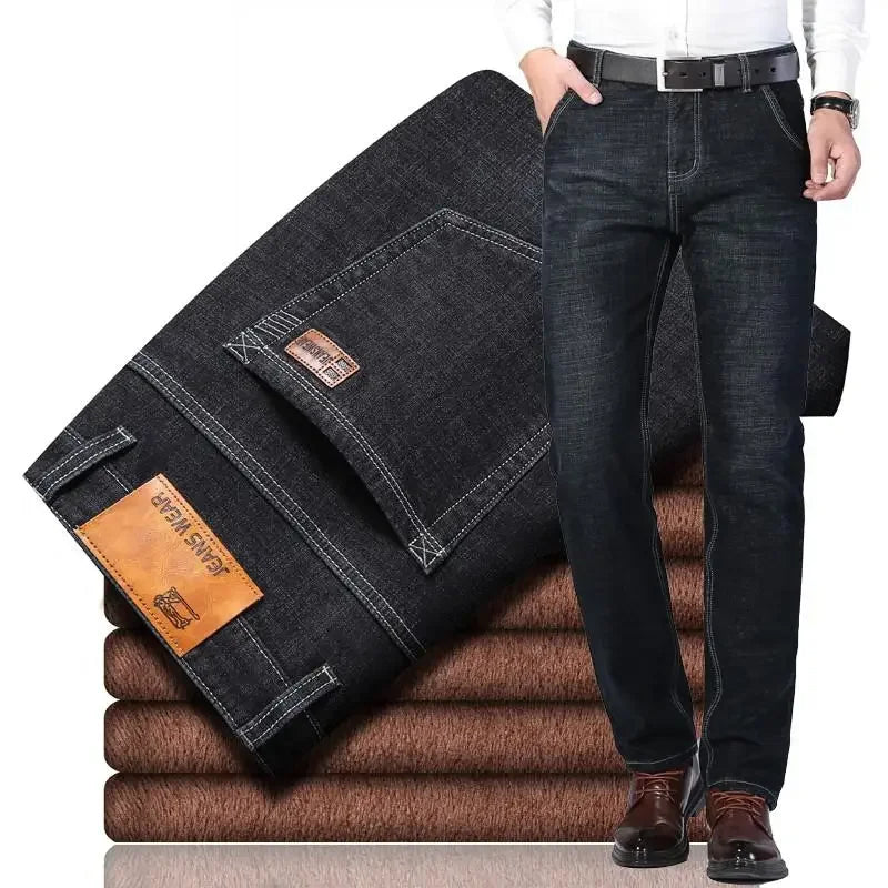 2025 Winter Warm Denim Casual Fleece Jeans Men Elasticity Slim Fit Stretch Thick Velvet Pants Black Grey Blue Jeans