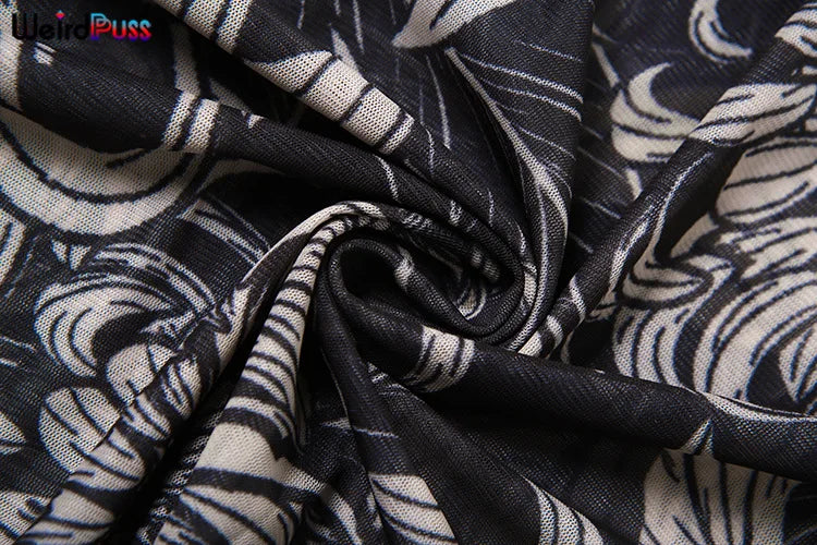 Weird Puss Thin Sheer Women Dress Mesh Contast Color Print High Waist Slim Fit Fashion Bodycon Nightout Clubwear Party Long Robe