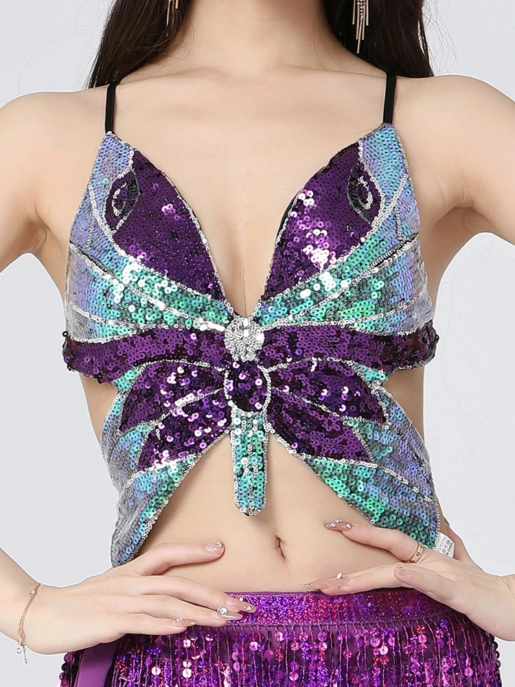 Women's Shimmer Sequin Crop Top Low-Cut Tube Top Sexy Butterfly Lace-up Tank Vest Top Rave Halloween Clubwear Camis