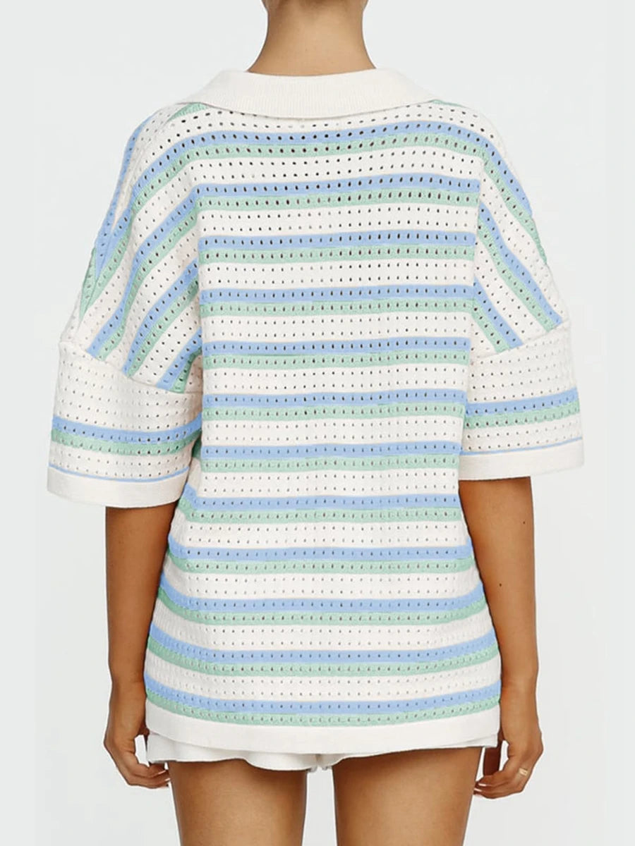 Womens Short Sleeve Striped Pajama Sets 2 Pieces Loungewear Color Block Crochet Knit Button Top and Shorts Lounge Sets Sleepwear Viralgem Store