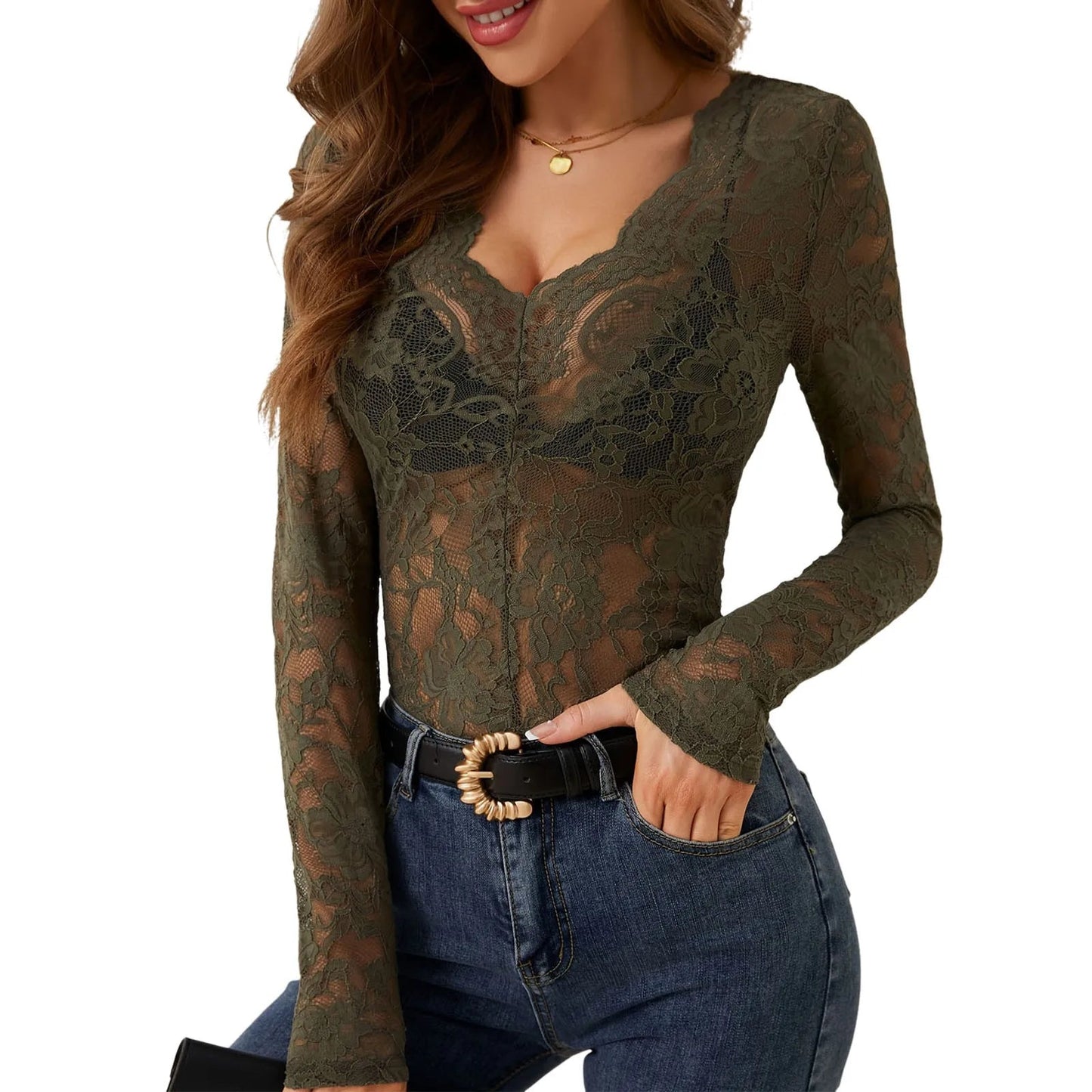 Women'S Floral Eyelet Lace Shirt Sexy V Neck Long Sleeve Opaque Shirts See-Through Lace Sexy Women Clothing Blusas Para Mujer Viralgem Store