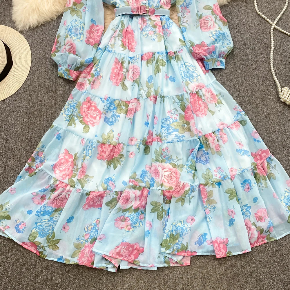 Spring Autumn Women Floral Chiffon Long Dress Vintage Purple/Pink/Black/Beige Stand Collar Single Breasted Maxi Robe Elegant New Viralgem Store