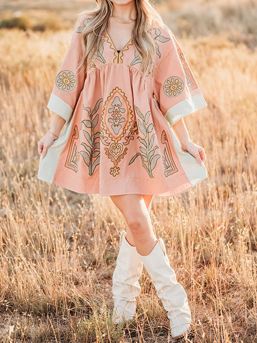 Women's Floral Print Dress Summer Half Sleeves V-Neck Loose Fit Short Dress Relaxed Fit Comfort Beach Dress