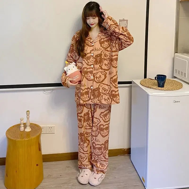 2 Pieces Womens Pajamas Long Sleeve Sleepwear Korean Heart Print Pijama Set Casual Nightwear Lady Home Suit Spring Pyjama Nighty