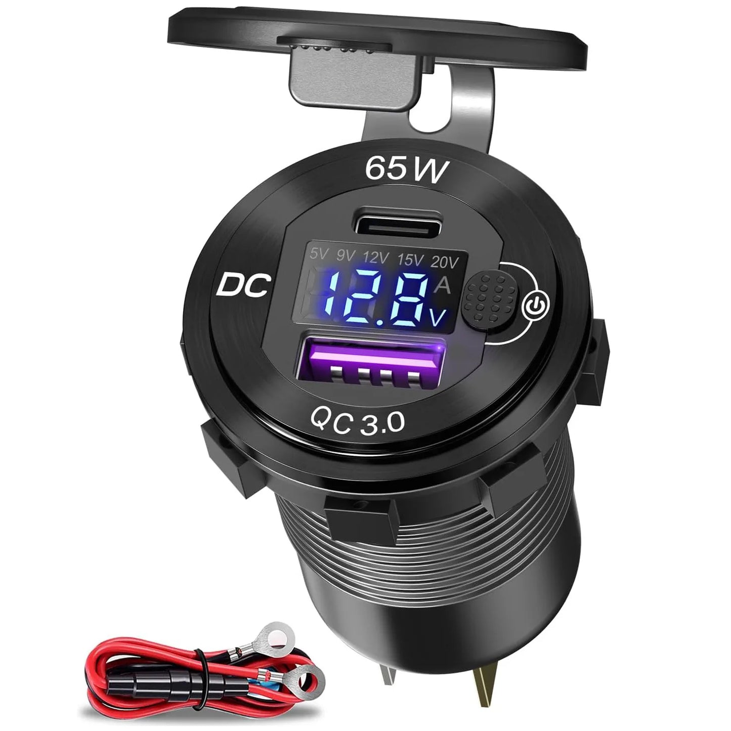 12V/24V USB Car Charger Power Socket with Switch PD and QC3.0 Fast Charging Charger for Car RV Boats Motorcycle