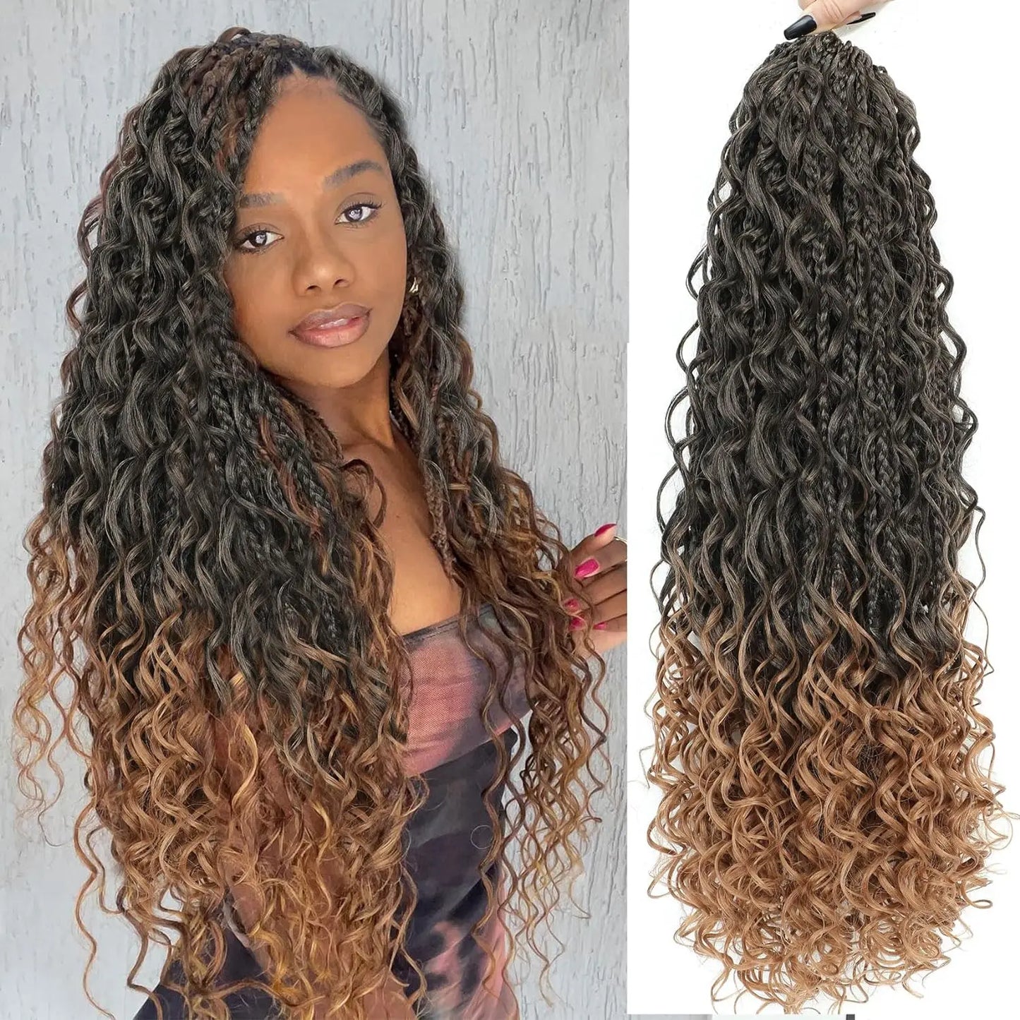 Synthetic Goddess Box Braids Crochet Hair With Curly Ends, Pre Looped Bohomian Crochet Box Braiding Hair Extensions for Women