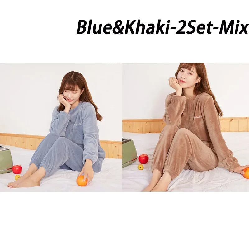 2024 Winter Pyjamas Warm Flannel Women Thick Leisure Wear Simplicit Coral Velvet Long Sleeve Solid Sleepwear Pajamas Set Viralgem Store