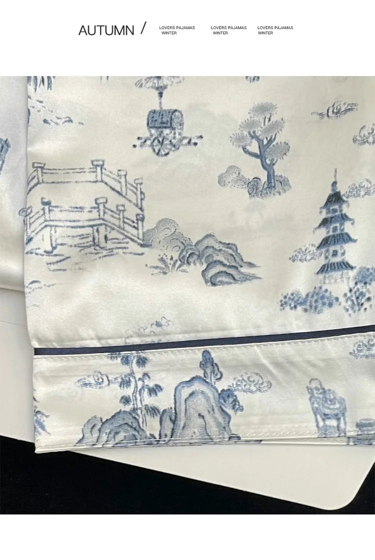 Women's Pajamas Sets Spring Autumn 2 Piece Paint Print Pyjama Faux Silk Satin Sleepwear Long Sleeve Pijama Mujer Pjs Homewear