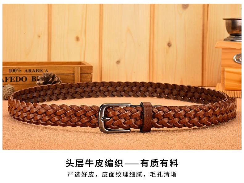 2023 Women Casual Luxury New Style Width 2.5cm Woven Belt Needle Buckle Real Leather Head Layer Cowhide Handmade Decorative
