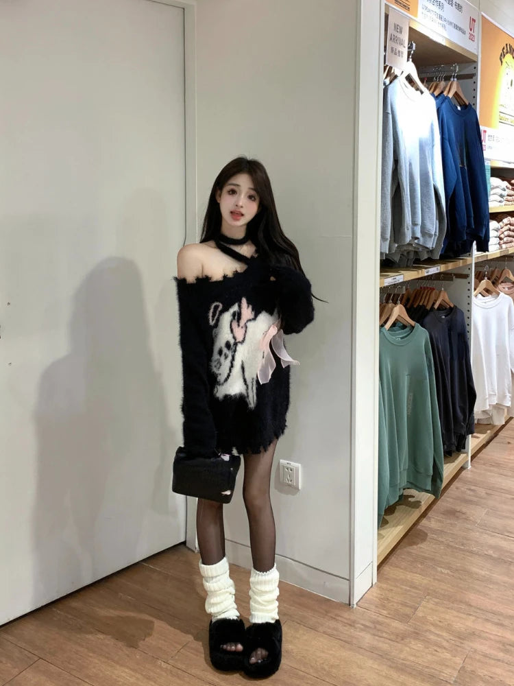 Women's Black Gothic Pullover Knitted Sweater Elegant Harajuku Y2k Long Sleeves Oversize Sweaters Jumper Vintage 2000s Clothes