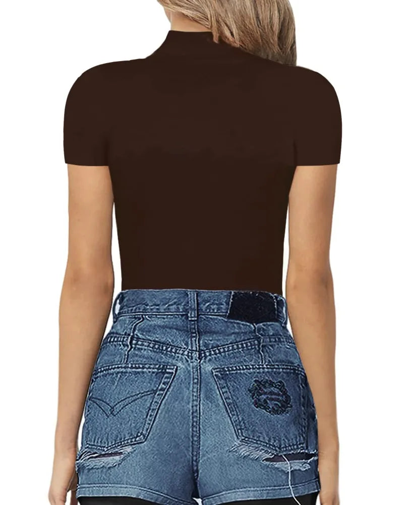 2023SpringSummer New Fashion Europe America Sexy Solid Color Medium High Neck Short Sleeve Casual Elegant Women's Tight Bodysuit