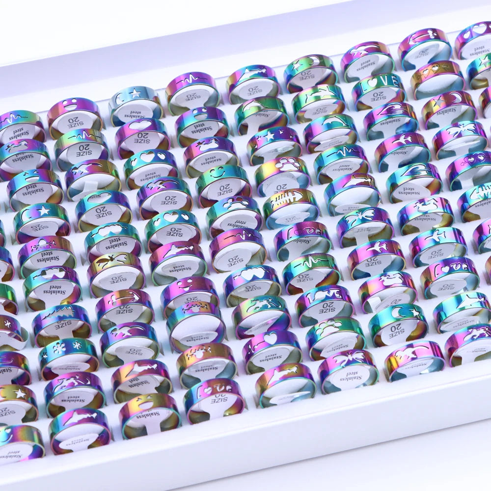 10/20/30/50Pcs Classic Fashion Stripe Hollow Colorful Sticker Stainless Steel Ring Trend Women Jewelry Party Decoration Gift