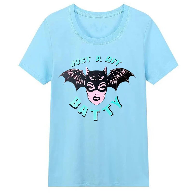 90s Grunge Gothic Clothes Just A Bit Batty Funny Halloween T Shirt for Women Cotton Spooky Withc Horror Dark T-shirt Femme Tops