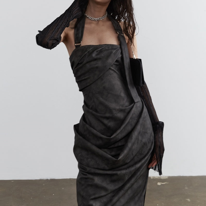 Stand Cut A Sense Of Sculpture Smoked Ink Dyed PU Leather Halter Strapless Dress