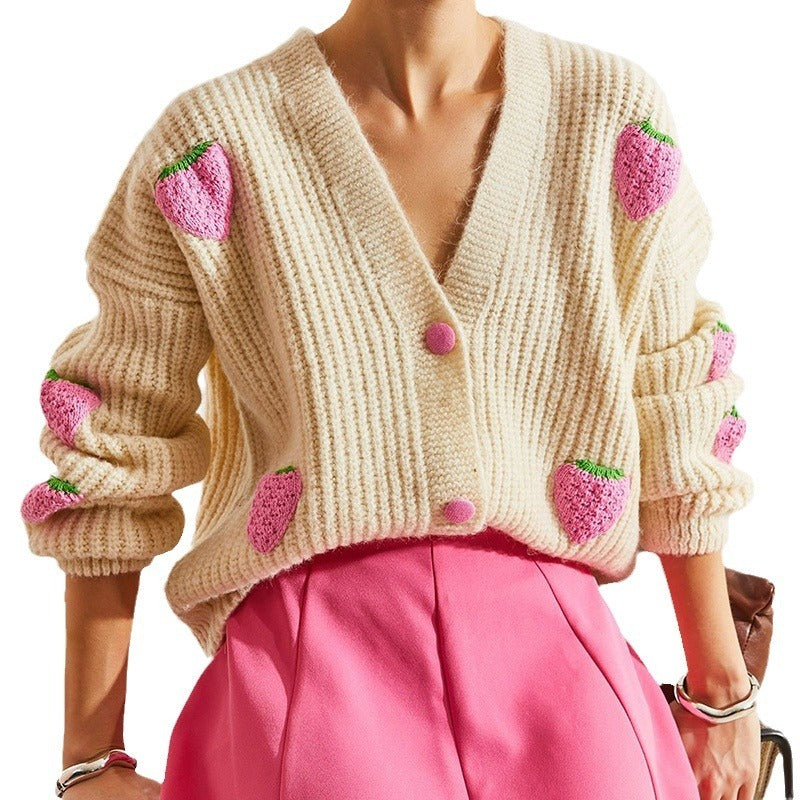 Sweet V-neck Beige Decorative Cardigan Sweater Viralgem Store