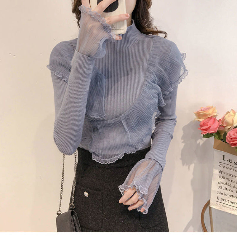 Women's Lace Patchwork Ruffled Sweater