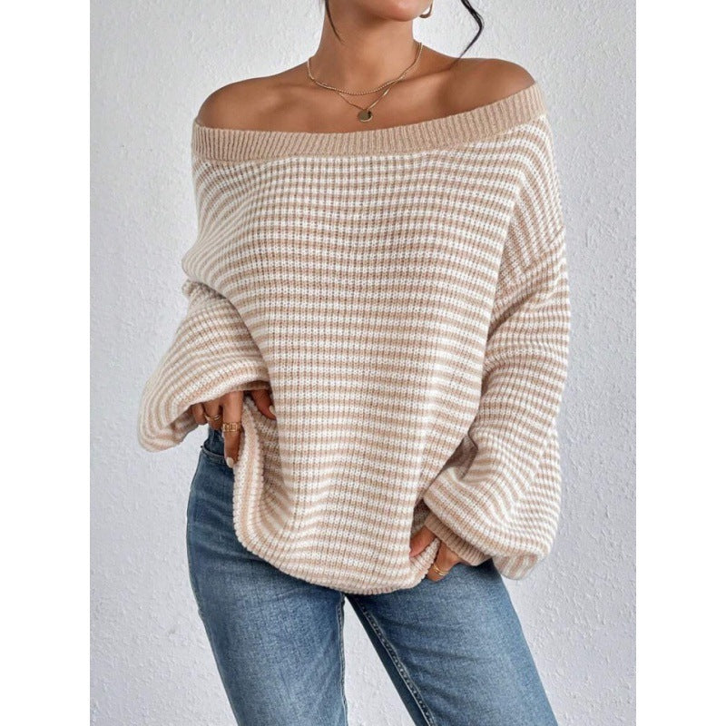 Women's Off-neck Shoulder-baring Sweater Contrast Color Viralgem Store