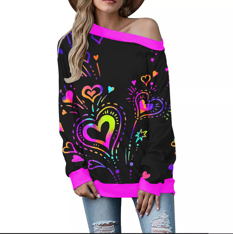 Women's Valentine's Day Pattern Printed Long Sleeve Loose Shoulder Sweater Viralgem Store
