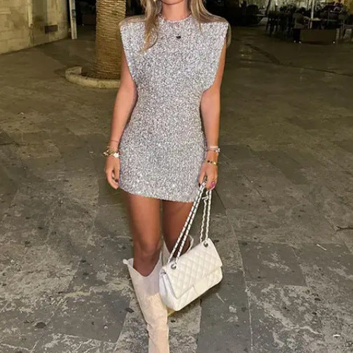 2024 New Sleeveless Shoulder Dress Sequins Slim-fit Hip-wrapped Short Dress Socialite Style Viralgem Store